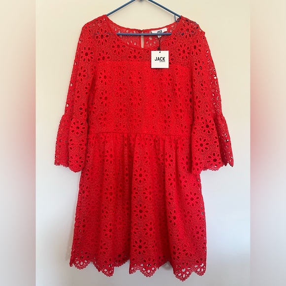 NWT JACK BB Dakota Fit Flare Eyelet Dress Poppy Red Lined Bell Sleeve Size 10 - Picture 1 of 9